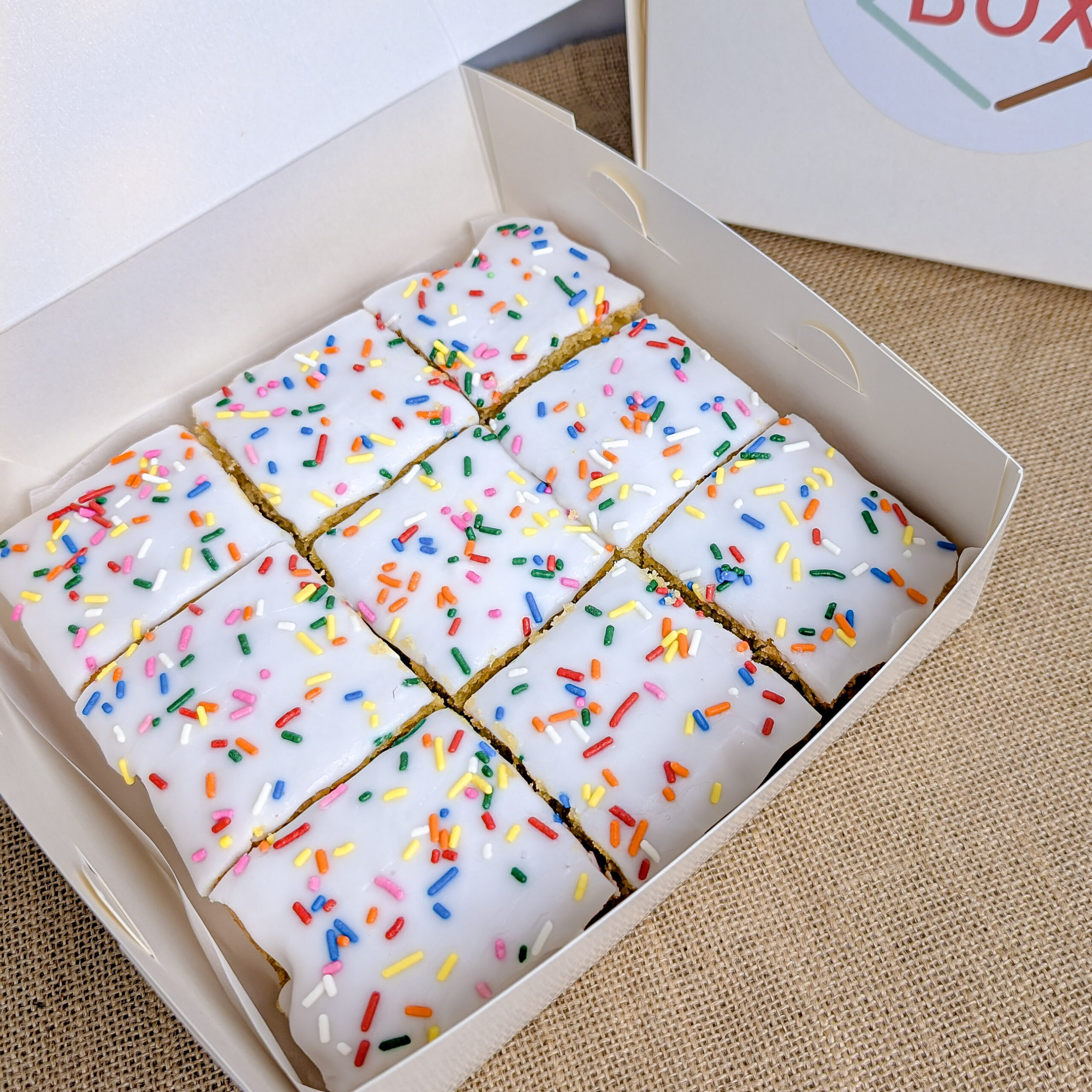 School cake close up in box